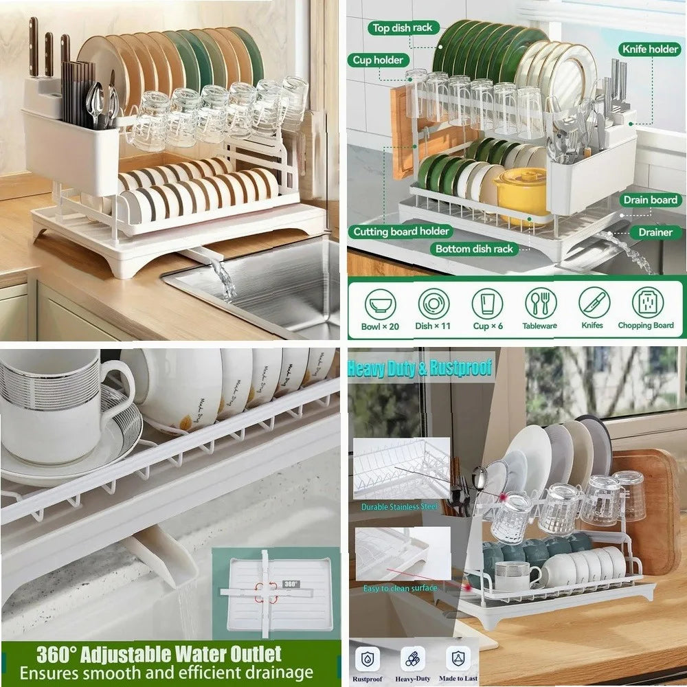Dish Drying Rack, 2 Tier Dish Racks for Kitchen Counter, Large Drying Rack with Drainboard, Rustproof Dish Drainer Organizer