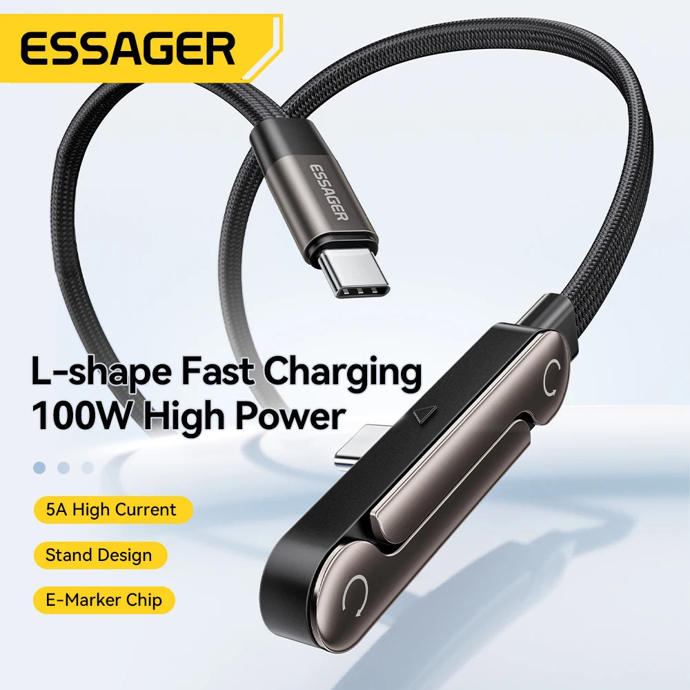 Essager 100W Type-C Cable Foldable Phone Holder Cable PD Fast Charging For iPhone 17 16 15 Pro Max Macbook Samsung Huawei Xiaomi