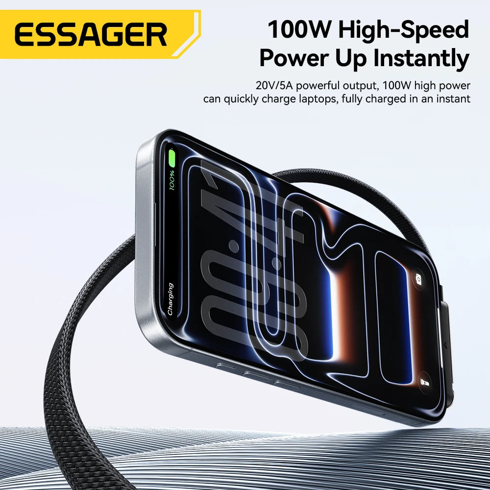 Essager 100W Type-C Cable Foldable Phone Holder Cable PD Fast Charging For iPhone 17 16 15 Pro Max Macbook Samsung Huawei Xiaomi