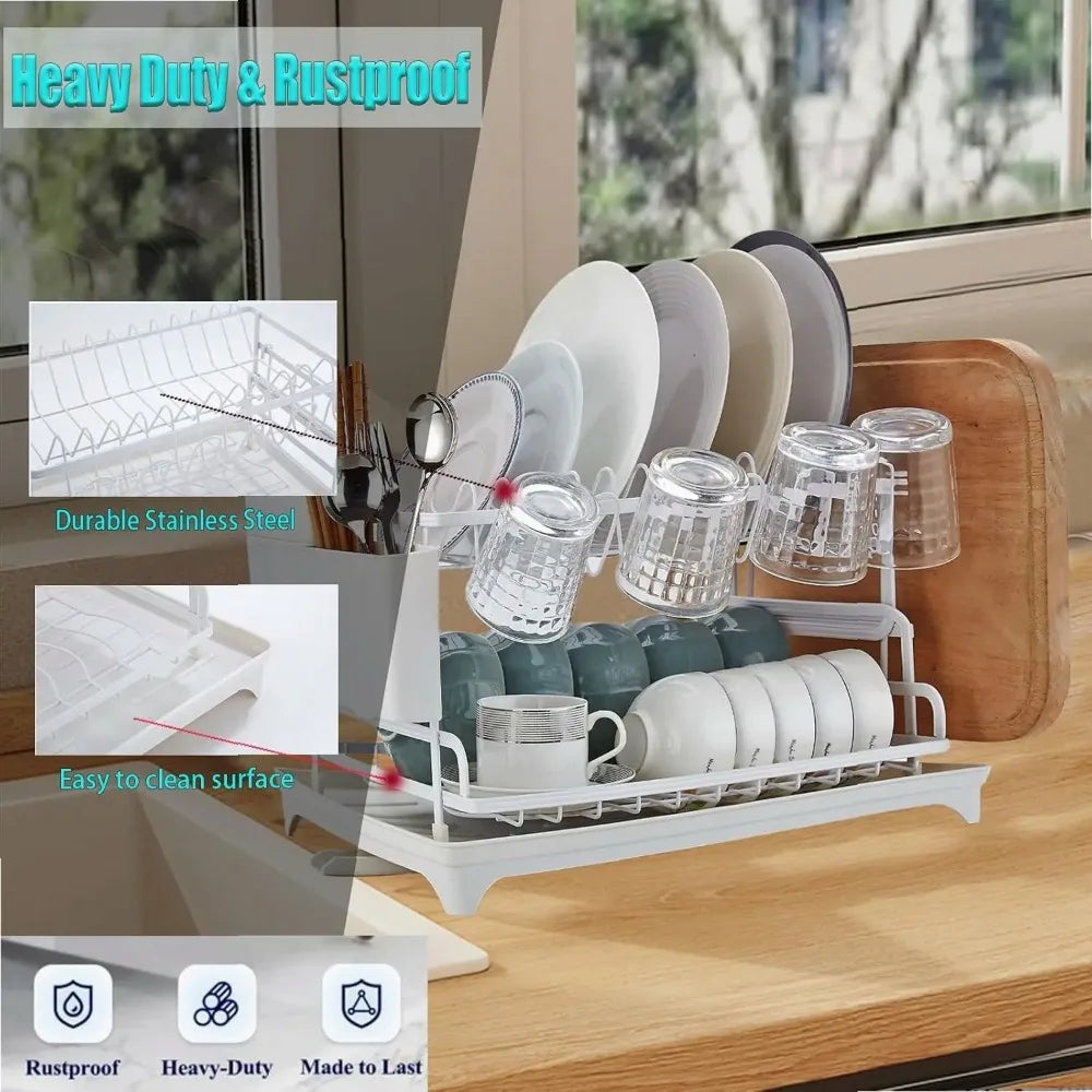 Dish Drying Rack, 2 Tier Dish Racks for Kitchen Counter, Large Drying Rack with Drainboard, Rustproof Dish Drainer Organizer