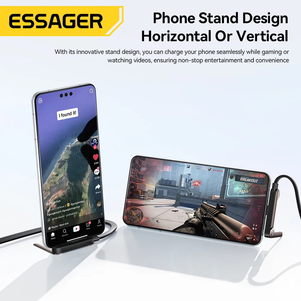 Essager 100W Type-C Cable Foldable Phone Holder Cable PD Fast Charging For iPhone 17 16 15 Pro Max Macbook Samsung Huawei Xiaomi
