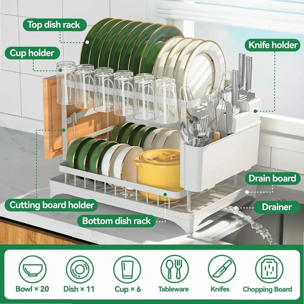 Dish Drying Rack, 2 Tier Dish Racks for Kitchen Counter, Large Drying Rack with Drainboard, Rustproof Dish Drainer Organizer